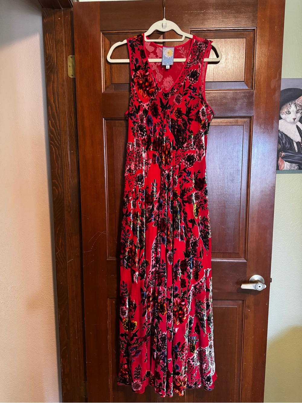 Johnny Was Sleeveless Red Floral V-Neck Maxi Dress Velvet Burnout XL - Picture 2 of 4